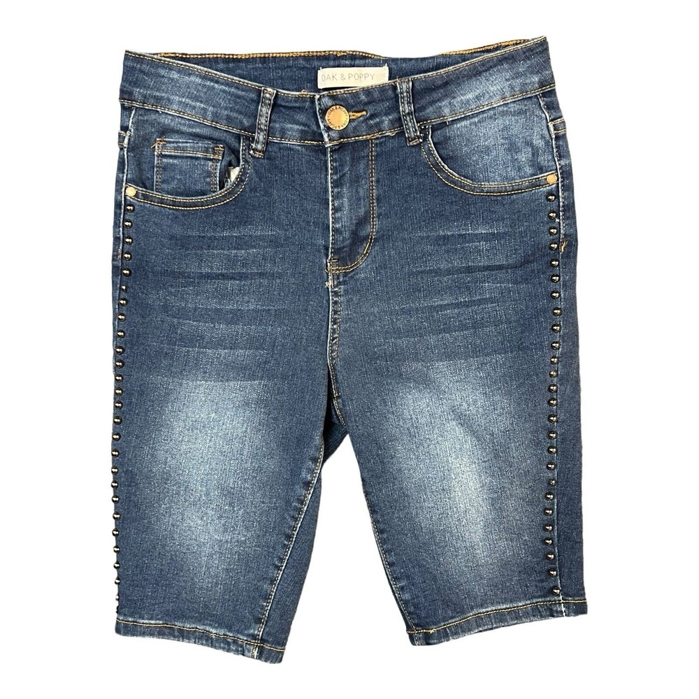 Oak And Poppy Shorts 2 Blue Bermuda Silver Studded‎ 5-Pocket Denim Edgy Casual - Picture 2 of 11